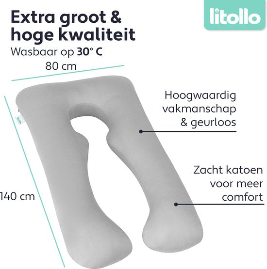 Coussin de maternité XXL - Litollo® - Coussin d'allaitement - Coussin de corps - 280cm - Housse amovible - Gris