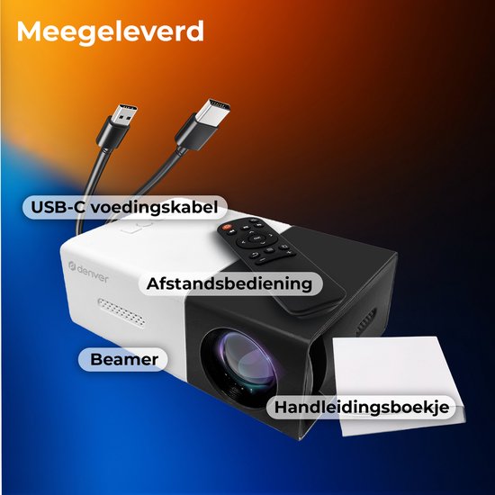 Denver Mini Beamer Full HD - Streaming depuis votre téléphone (USB-C) - Mini projecteur - Télécommande incluse - HDMI/AUX/USB-C - PR800