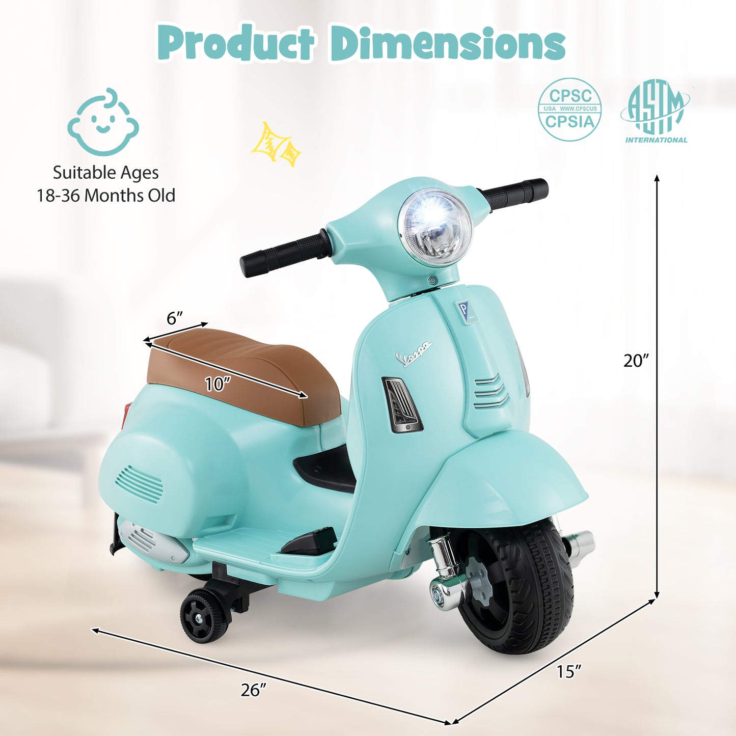 Motocyclette pour enfants Coast Vespa - Électrique 6 V - Avec LED et sons - Vert