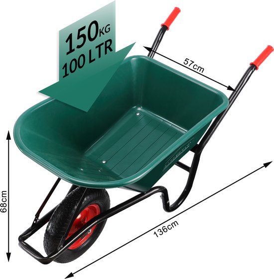 Brouette Gardebruk 100 L - Bac plastique - jusqu'à 150KG Vert