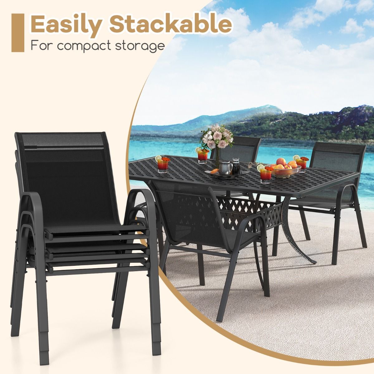 Coast Set de 2 chaises de terrasse empilables avec accoudoirs - Noir - 55 x 63 x 89 cm