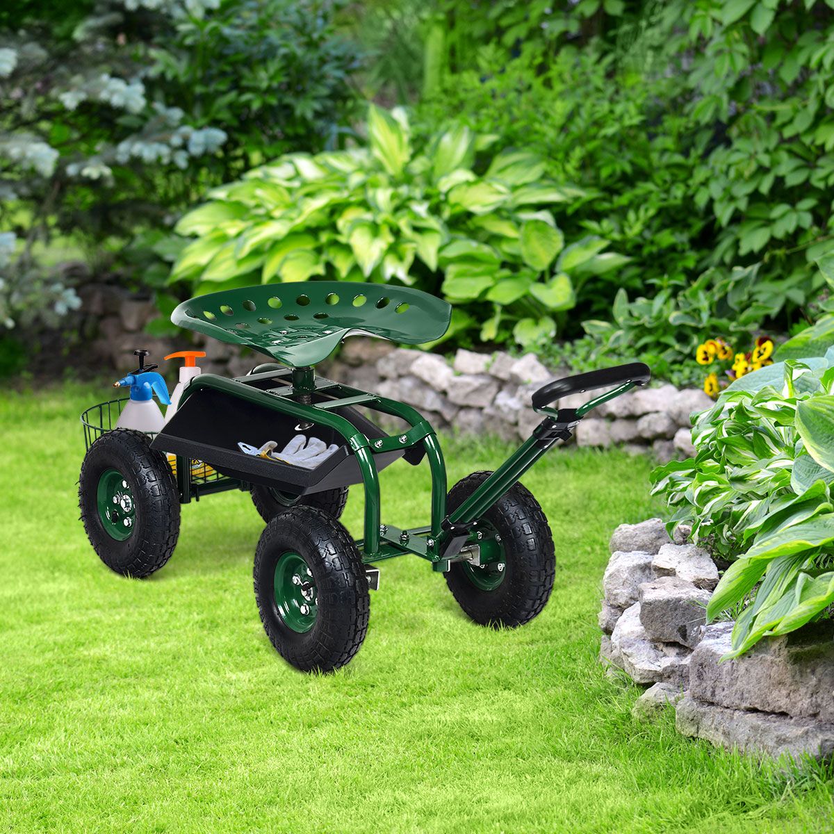 Chariot de jardin Coast avec poignée réglable - siège ergonomique - panier de rangement et bacs à outils - vert