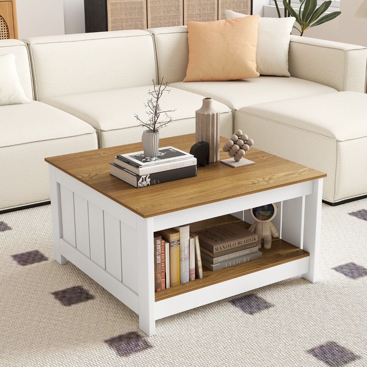 Table basse Coast en bois - 2 niveaux - Espace de rangement - Naturel et blanc - 80 x 80 x 45 cm