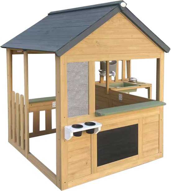 Maisonnette AXI Lizz marron/anthracite – Maisonnette en bois avec coin cuisine, tableau noir, miroir, pots de fleurs et accessoires – Bois certifié FSC – Maisonnette de jardin pour enfants – Garantie 10 ans