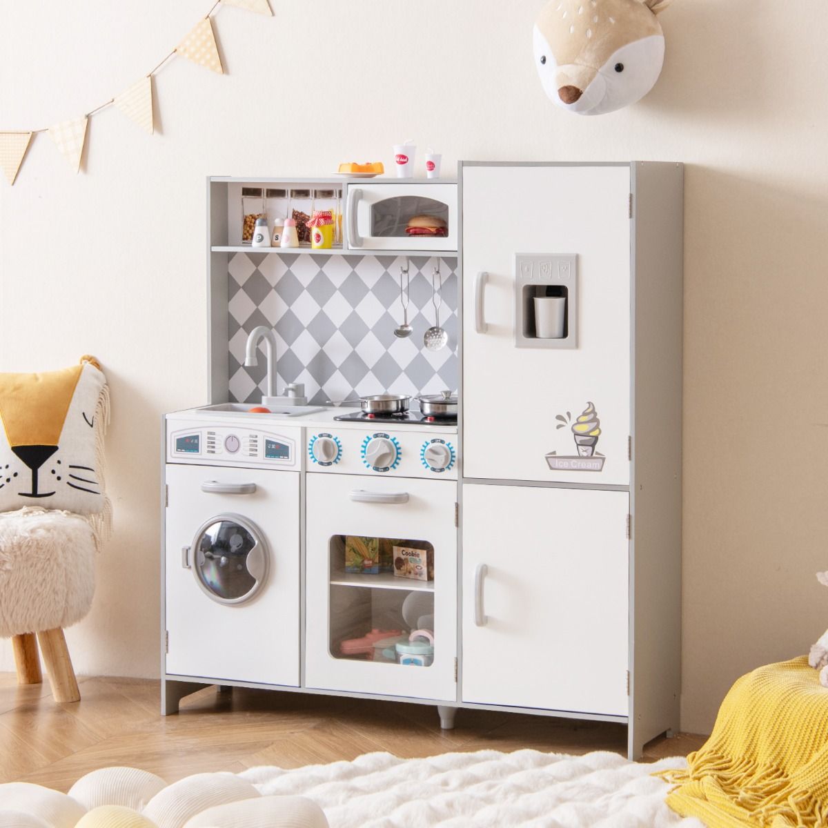 Coast - Wooden Play Kitchen XXL - Cuisinière avec son et lumière, machine à glaçons, machine à laver - 91 x 30 x 102 cm - MDF/Plastic - Blanc