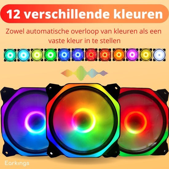 Ventilateur RGB pour PC - Ventilateur de boîtier 120mm 6-pin High Airflow - Ventilateur de boîtier d'ordinateur Earkings avec télécommande