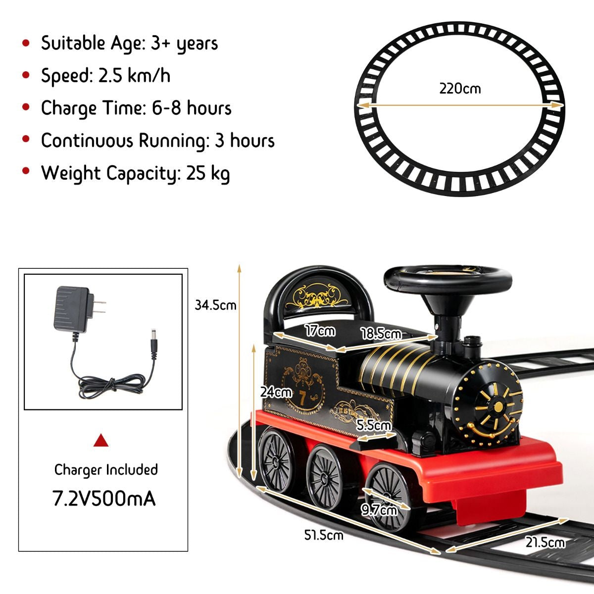 Coast 6V Tirette électrique pour enfants avec 16 rails pour les enfants de 3 ans Schwarz