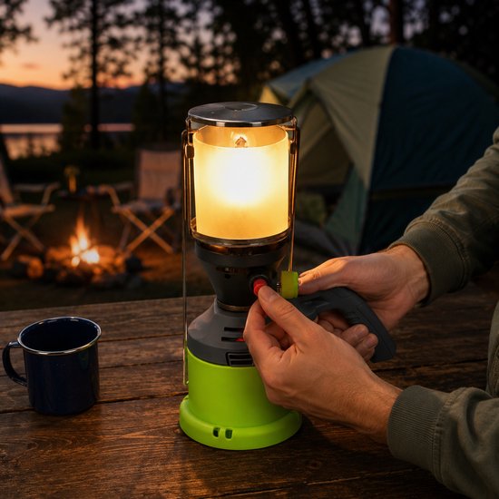 Lampe à gaz Kinzo – Lampe de camping à gaz – Avec allumage piézoélectrique et poignée – 3 manchons à gaz inclus – 500 W