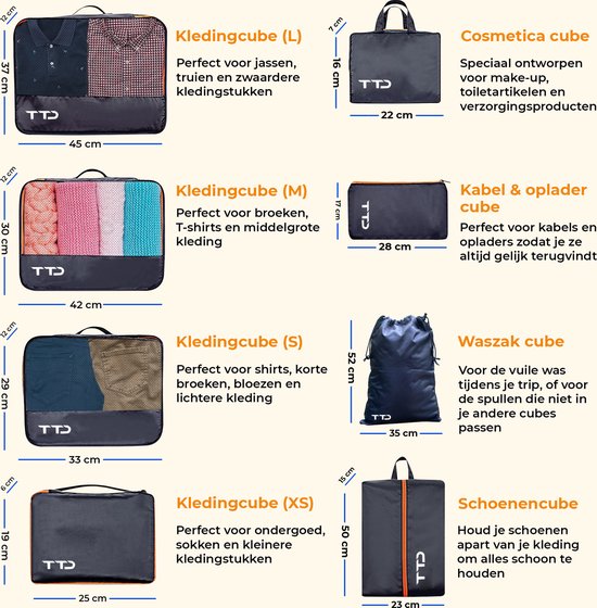 TTD® Premium Packing Blocks Compression Set of 8 Pieces - Packing Blocks Backpack - Up to 105L Capacity - Strong Nylon - Suitcase Organiser Set - Luggage Organiser - Backpack Organiser - Compression Block - Toiletry Bag - Black & Orange