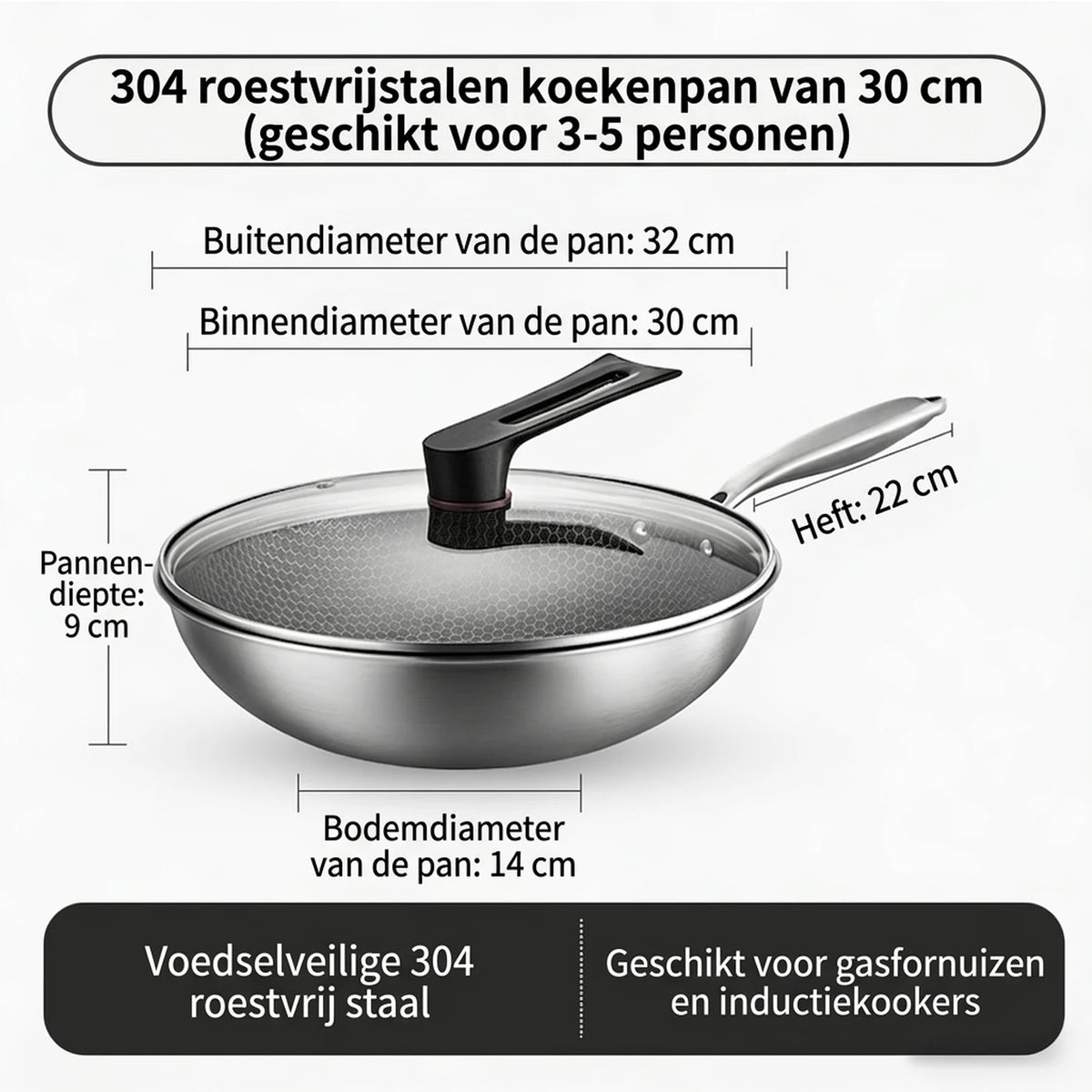 Wok Ochama 30 cm avec couvercle - Acier inoxydable, revêtement antiadhésif en nid d'abeille sans téflon - Compatible avec les plaques à induction, à gaz et électriques