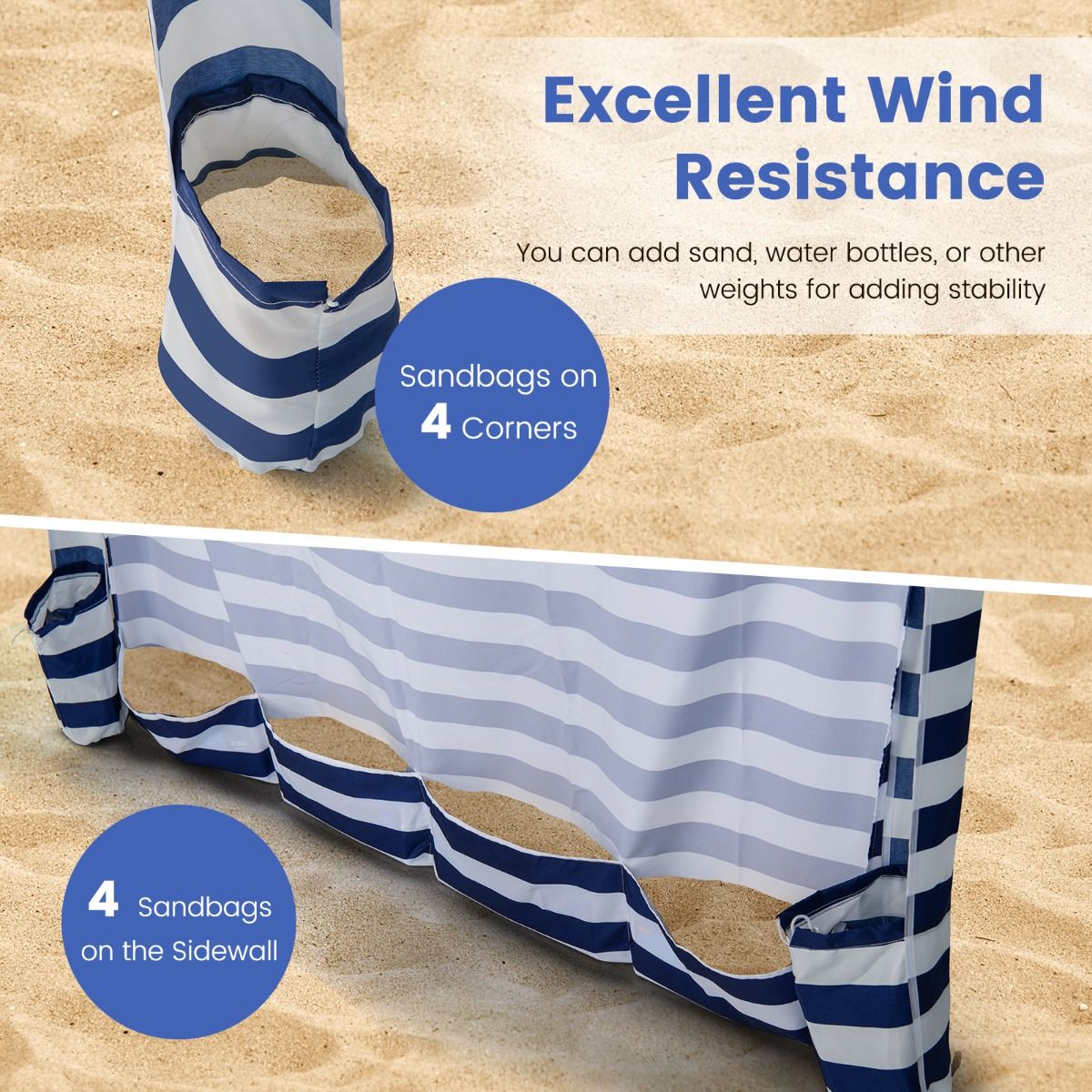 Tente de plage pliable Coast - Avec sac de transport - Paroi latérale amovible - 183 x 183 x 215-240 cm - Bleu avec blanc