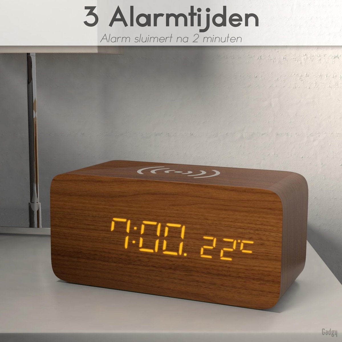 Gadgy Digitale Wekker met Draadloze Oplader - Houten Wekker met Eco Stand - Alarmklok met Temperatuur Datum en Tijd - Cadeau voor Vrouw en Man