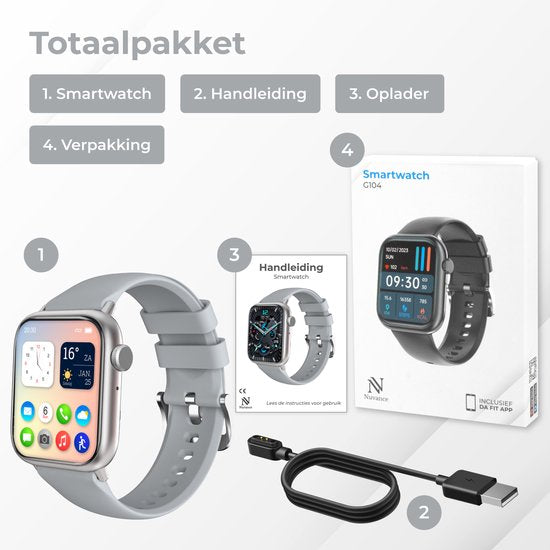 Nuvance - Smartwatch Hommes et Femmes avec Bluetooth - 45mm - Convient à tous les Smartphones - Podomètre et moniteur de fréquence cardiaque - Étanche - Gris