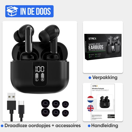Strex Wireless Earphones - Active Noise Cancelling - LED Display - Wireless Bluetooth Earphones - Ecouteurs sans fil - Bluetooth 5.3 - Black