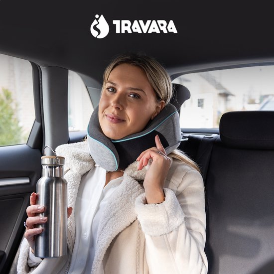 TRAVARA Oreiller de cou - Oreiller de voyage - Pour l'avion - La voiture - Mousse à mémoire de forme - Avec bouchons d'oreille - Gris