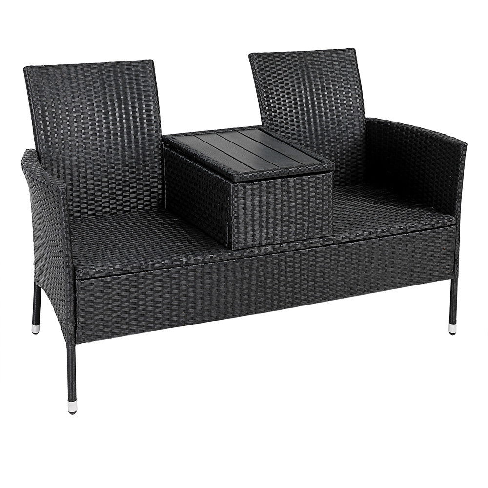 Banc de jardin Casaria Polyrattan - 2 places, table et coussins inclus - Noir