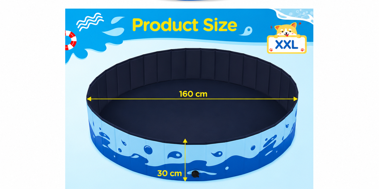 Piscine pliable pour chiens Yaheetech XXL - Bleue - 160 x 160 x 30 cm