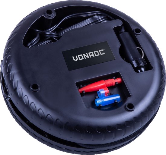 VONROC Mini compresseur - 12V - Avec manomètre - Max. 10 bar - 3 adaptateurs inclus