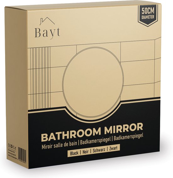 Bayt Miroir de salle de bain - Miroir rond - Miroir mural - Noir - 50ø cm
