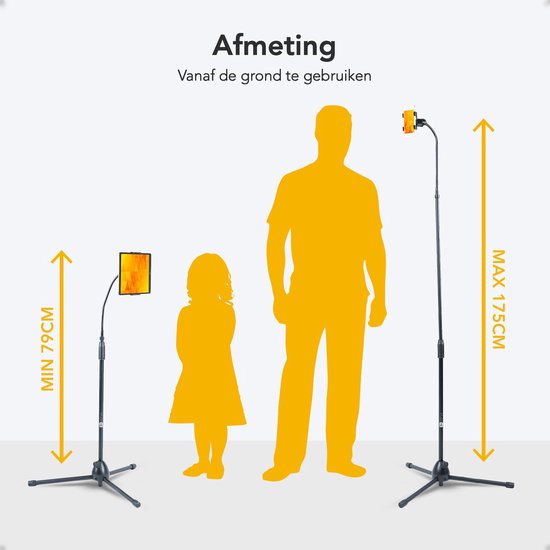 Studio Me Phone Tripod - Tablet Stand - 175 cm - Tripod Smartphone - Tablet Holder - Black - Incl. Ipad Holder & Phone Holder - Tablet Tripod - Phone Stand