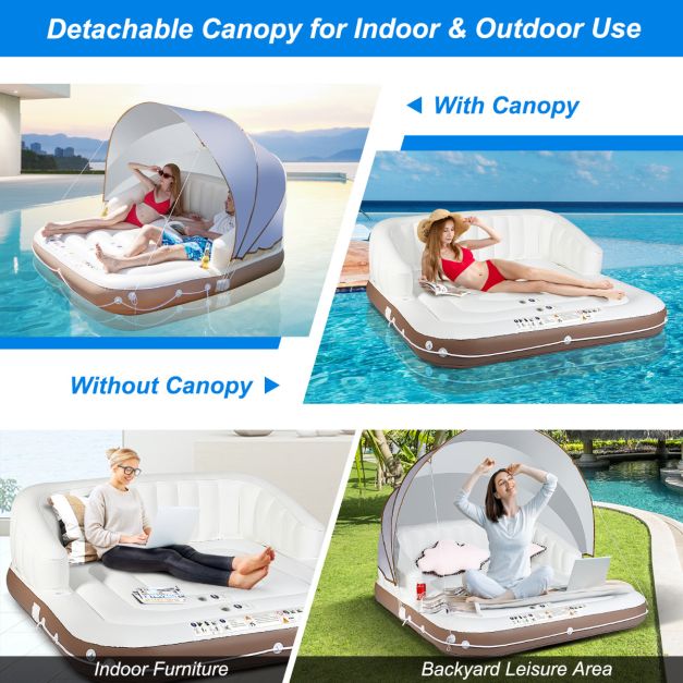 Costway Île de bain gonflable - baldaquin réglable et porte-gobelets - max. 200 kg - 180 x 180 x 160 cm - blanc/marron/argenté