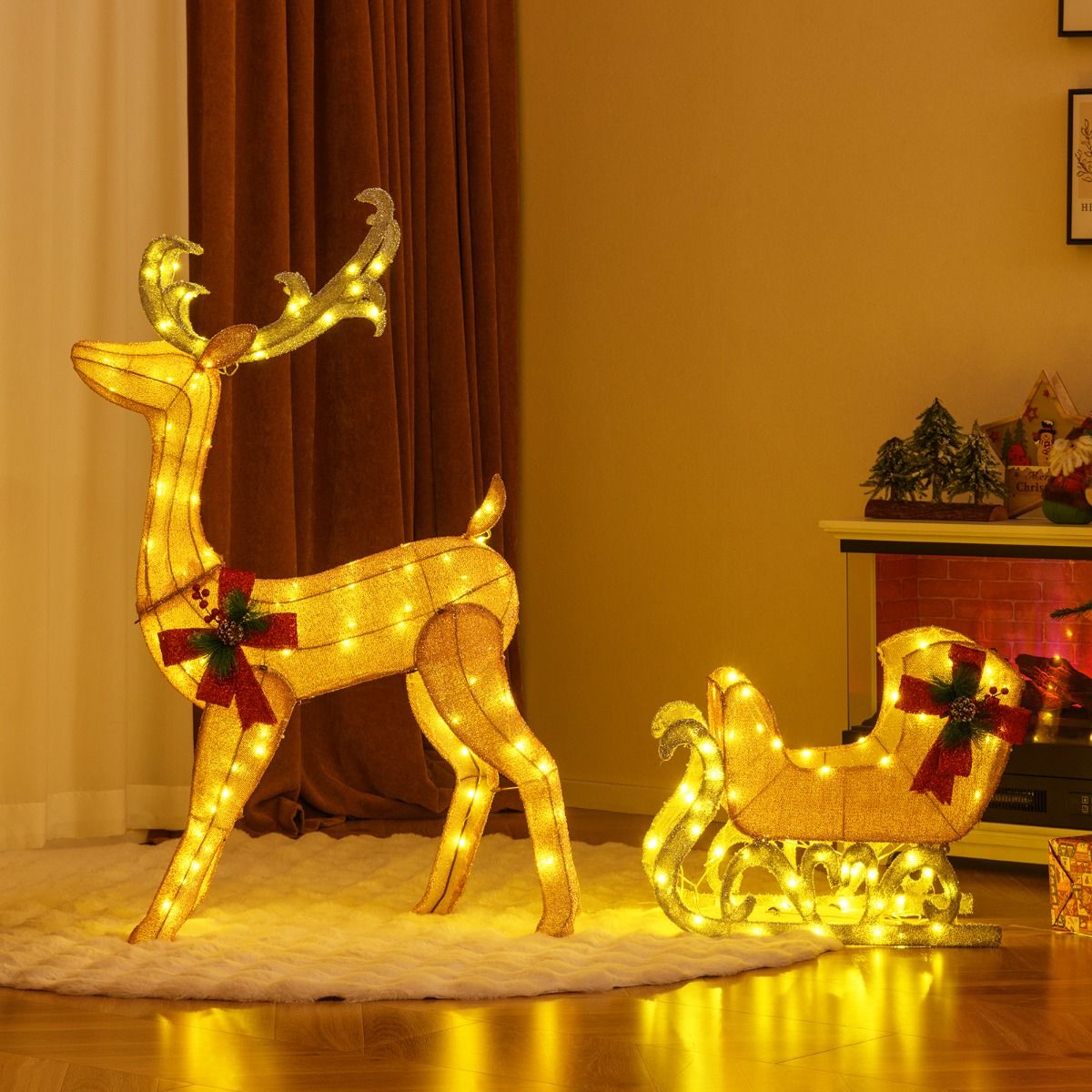 Renne et traîneau de Noël illuminés Coast - 100 lumières blanc chaud - 81,5 x 37 x 121,5 cm - or