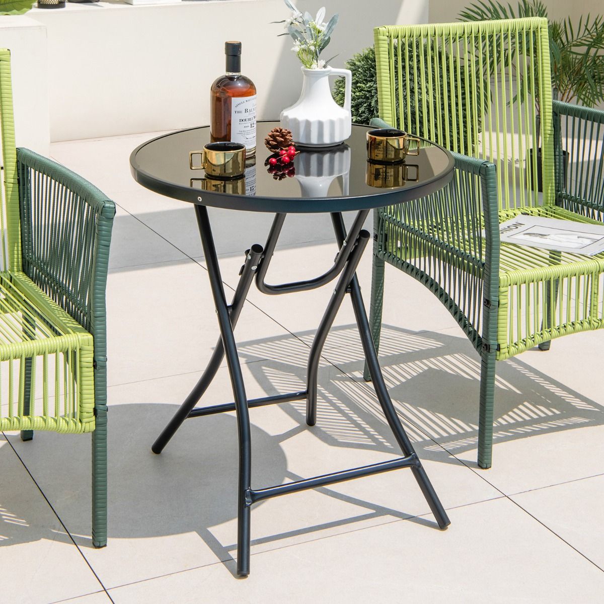 Coast Round Foldable Bistro Table 59x67 cm Black - Table de terrasse et de cocktail en verre trempé et structure métallique