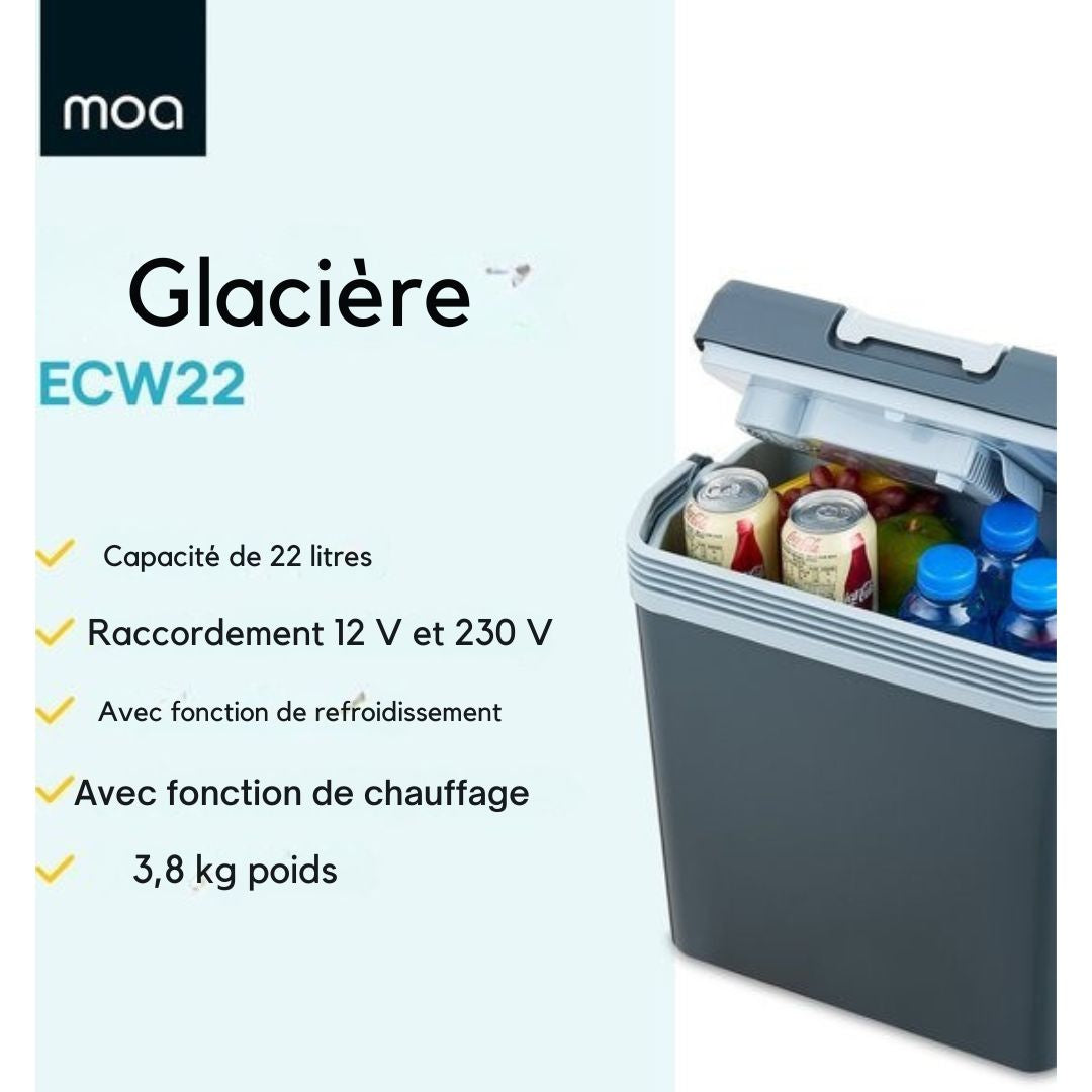 Glacière MOA Electrique, Avec fonction de chauffage, 12V et 230V, 22 litres, Gris