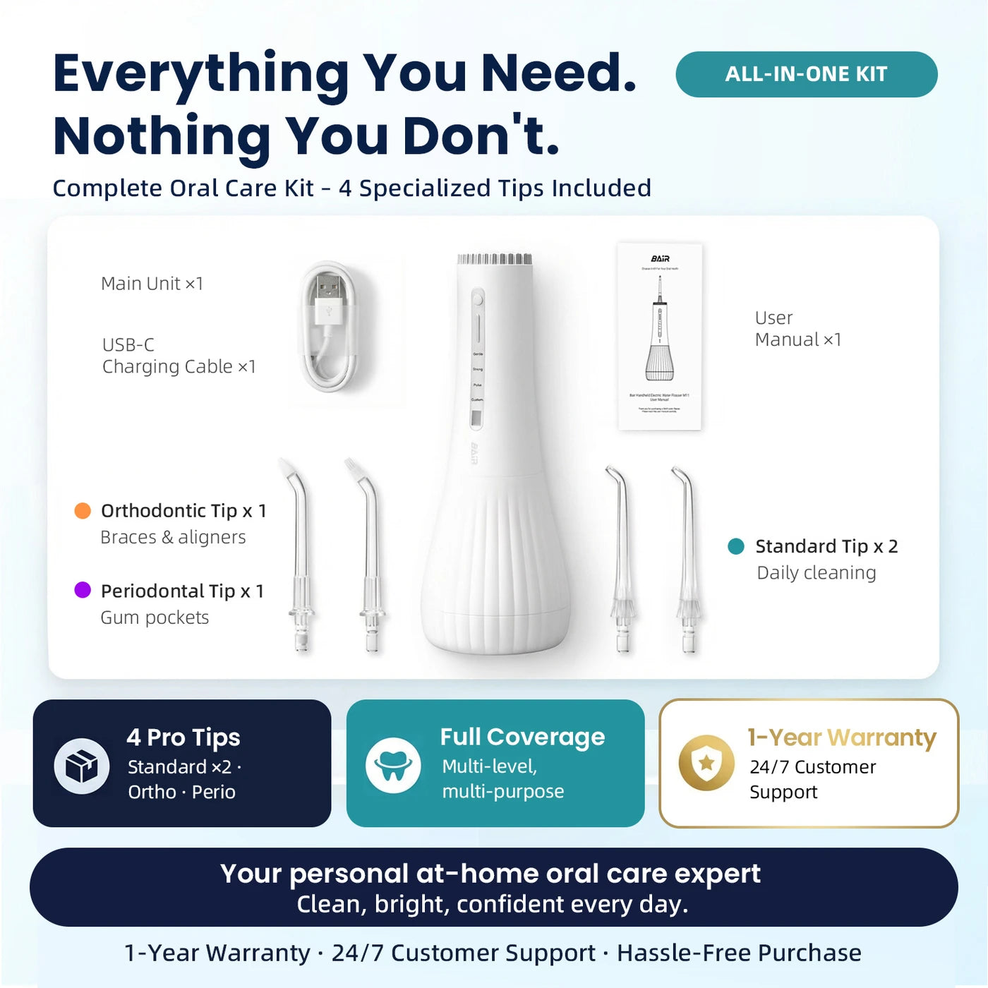 Hydropulseur Bair Care M11 - Blanc - Stérilisation par UV - Réservoir de 360 ml - 4 modes - 3 embouts - IPX8 - USB-C