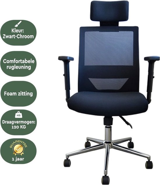 BRASQ OC400 Ergonomic Office Chair Black with Headrest - Chaises de bureau - Chaises de bureau pour adultes - Gaming chair 50 x 49 x 118 cm