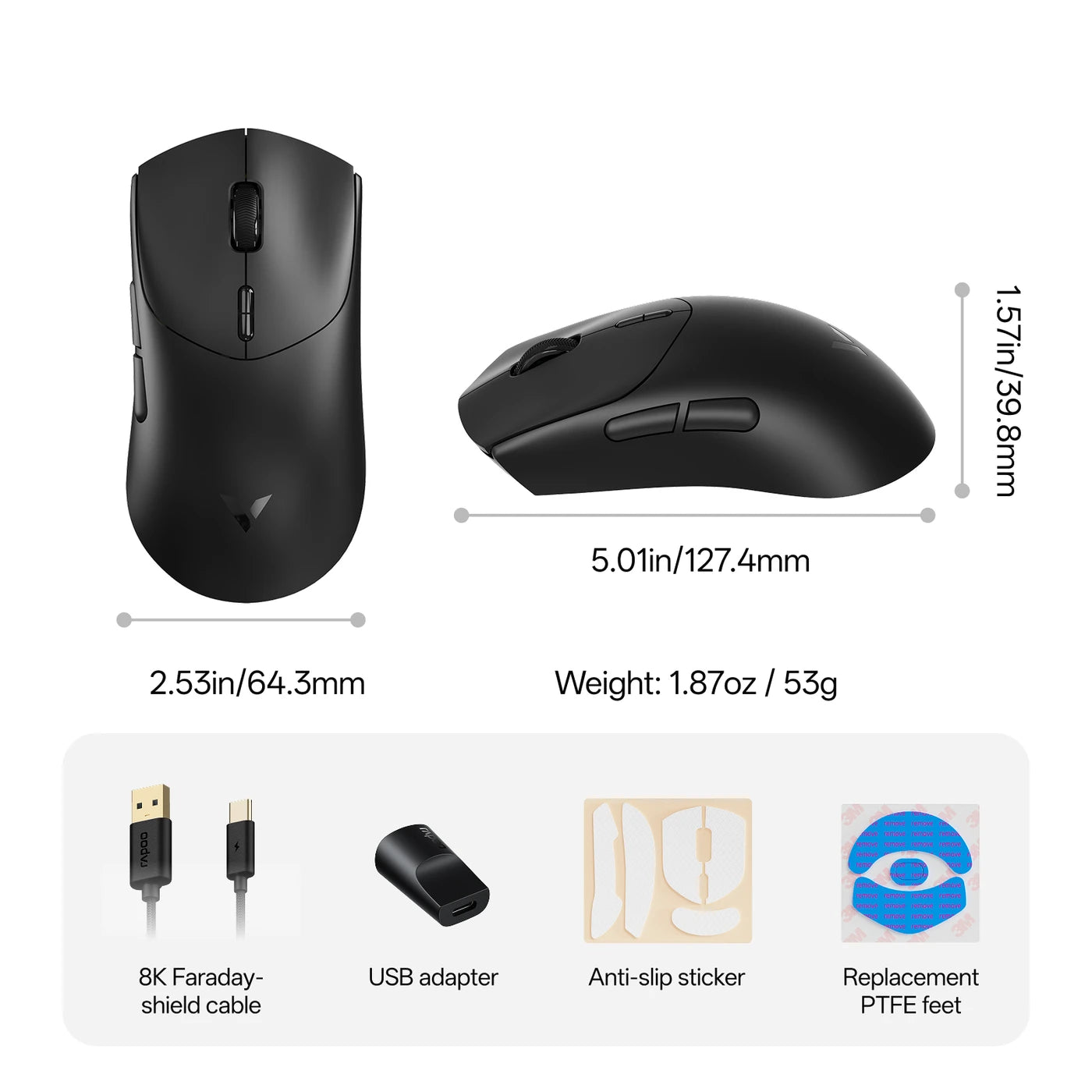 Souris de jeu sans fil Rapoo VT7 - Fréquence de sondage de 8 000 Hz - 26 000 DPI - Poids plume de 53 g - Noire