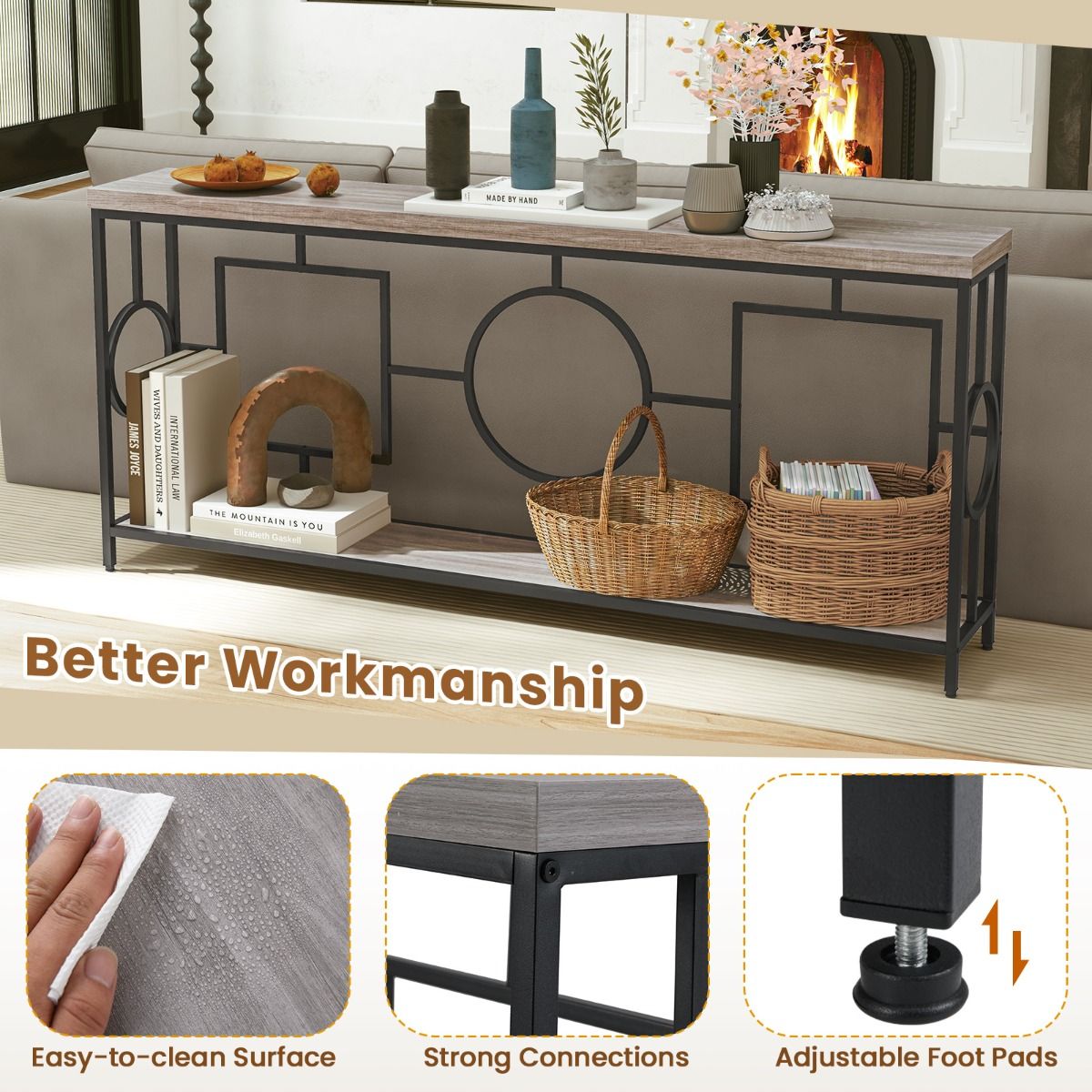 Table console Coast 180x30x80 cm Rustic Brown/Black - 2 niveaux, étroite, structure métallique solide