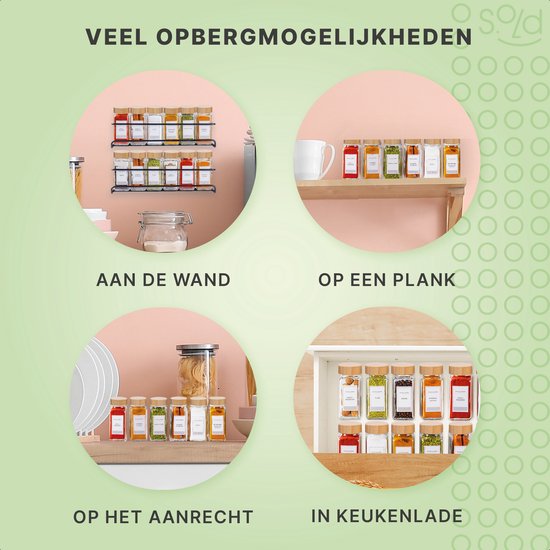 S.old - 24 pots à épices en verre carrés avec couvercle en bambou - Diffuseur d'épices - Set complet avec couvercles à saupoudrer, autocollants préimprimés et entonnoir - Capacité 120 ml - 10,5 x 4,3 cm