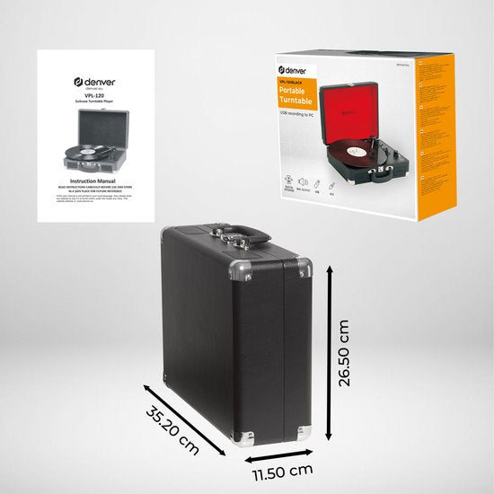 Denver Record Player - Haut-parleurs intégrés - Logiciel PC inclus - Auto-stop - Rétro - VPL120 - Noir
