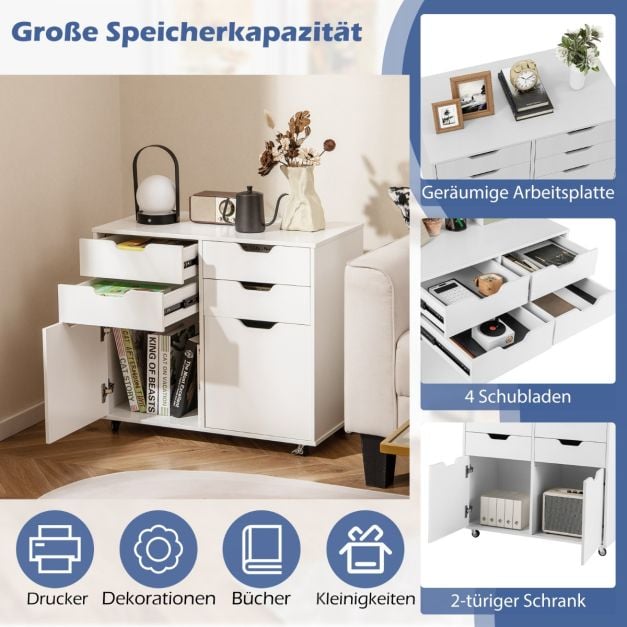 Armoire d'archivage à roulettes Coast – 4 tiroirs et 2 portes – 73 x 40 x 64,5 cm – Blanc
