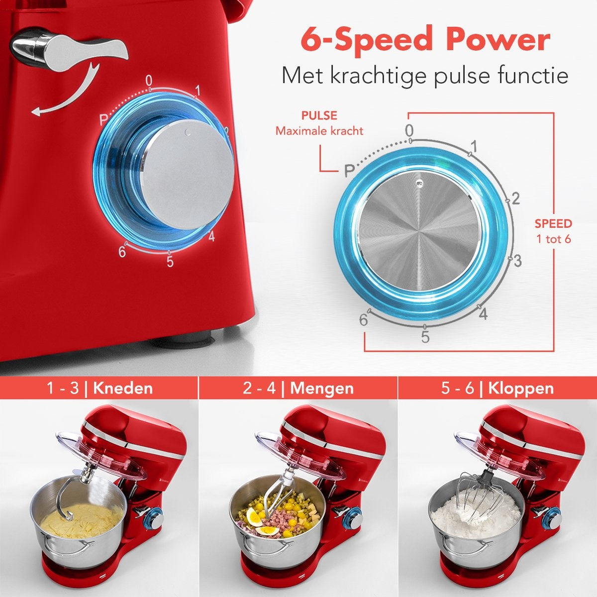 Robot de cuisine - KitchenBrothers - Mixeur de cuisine avec bol de 6L - Acier inoxydable - 1400W - Rouge