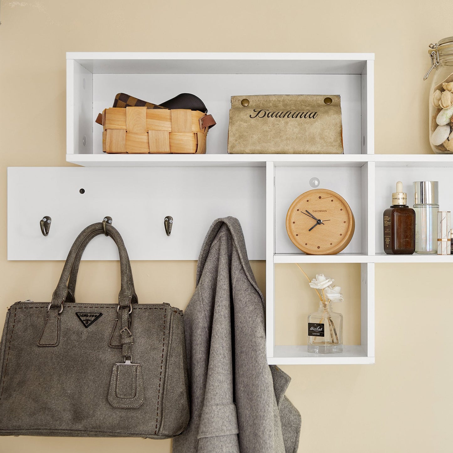 SoBuy FHK17-W Porte-manteau Etagère murale - Penderie avec 5 compartiments et 4 crochets - 110x15x53 cm - Blanc