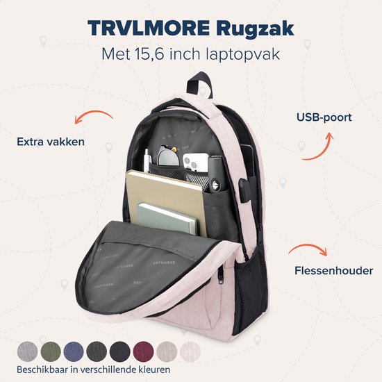 TRVLMORE Sac à dos - 28L - 15.6 Inch - Sac à dos pour ordinateur portable avec USB - Antivol - Homme et Femme - Sac Rose
