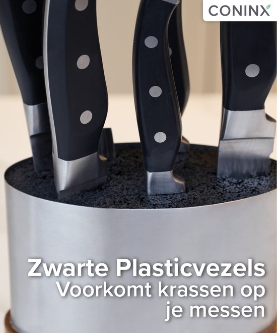 Bloc à couteaux Coninx Saporo - Porte-couteaux universel en bois et acier inoxydable - Support à couteaux sans couteaux - Porte-couteaux de cuisine en bois d'acacia