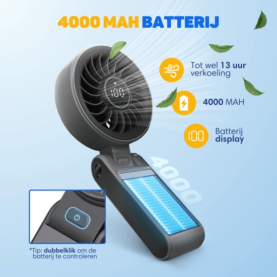 Vulpes Goods® Tech - Hand Fan PRO 3in1 - Rechargeable et portable - Mini ventilateur USB sans fil - Ventilateur de cou - Moteur puissant - 4000 mAh - 5 vitesses - Design pliable - Jusqu'à 14 heures de refroidissement - Cordon de transport inclus