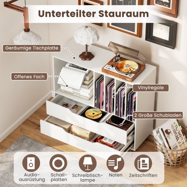 Coast Record Player Furniture White - Meuble rétro en vinyle avec 4 compartiments pour disques et 2 tiroirs - 91 x 36 x 87 cm