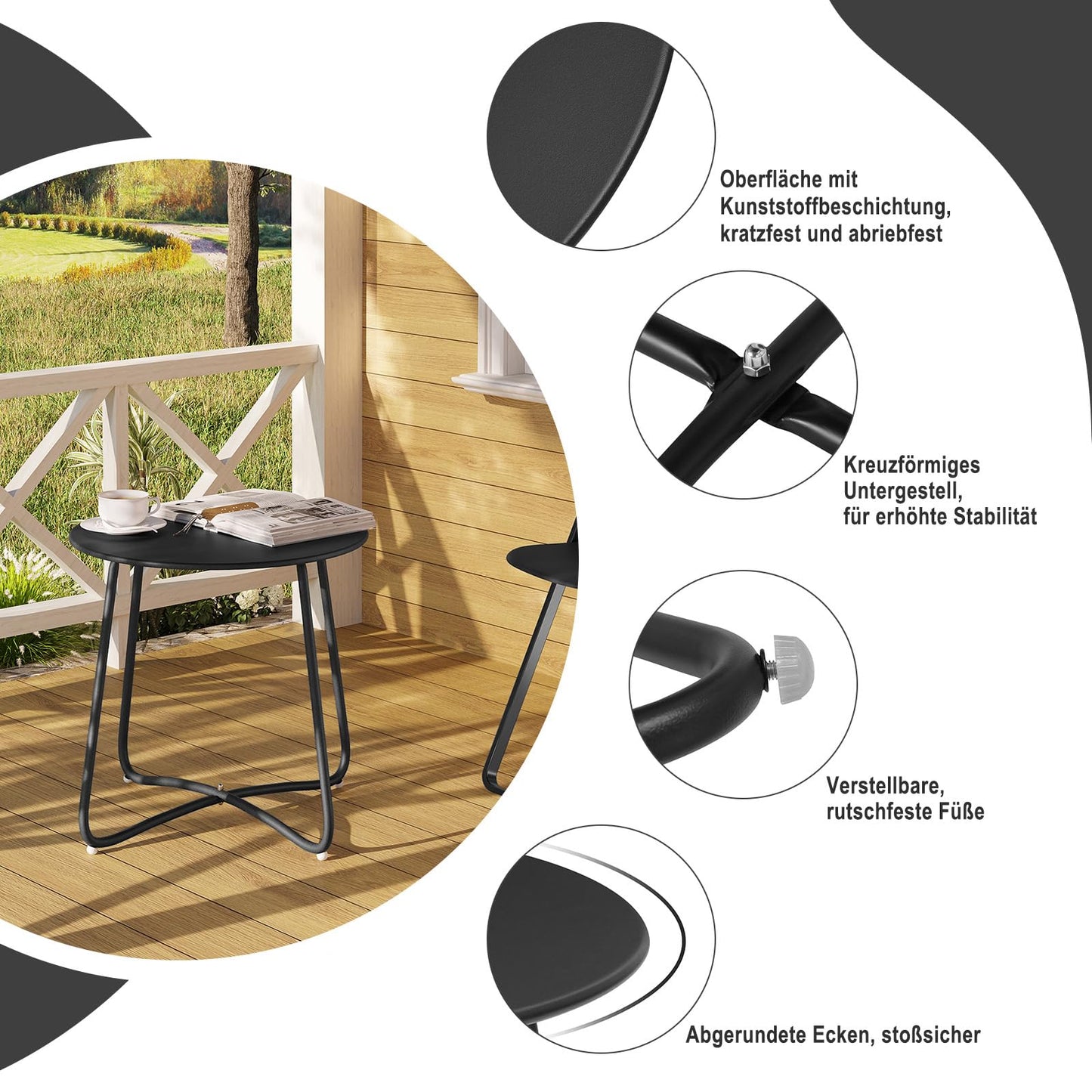 Table d'appoint ronde eSituro - table de balcon et de jardin en métal - noire - diamètre 45 cm, hauteur 45 cm