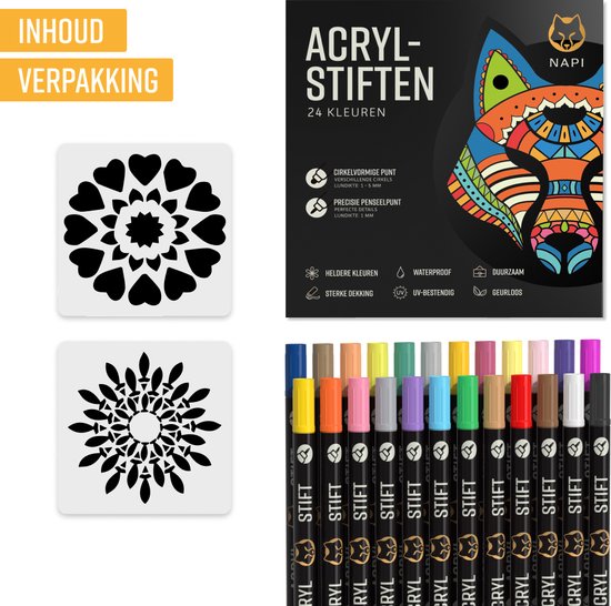 NAPI 24 marqueurs acryliques Dual Tip - Twinmarkers - Marqueurs peinture Happy Stones - Peinture sur pierre avec marqueurs peinture acrylique - Adultes et enfants - 2 modèles de mandala inclus