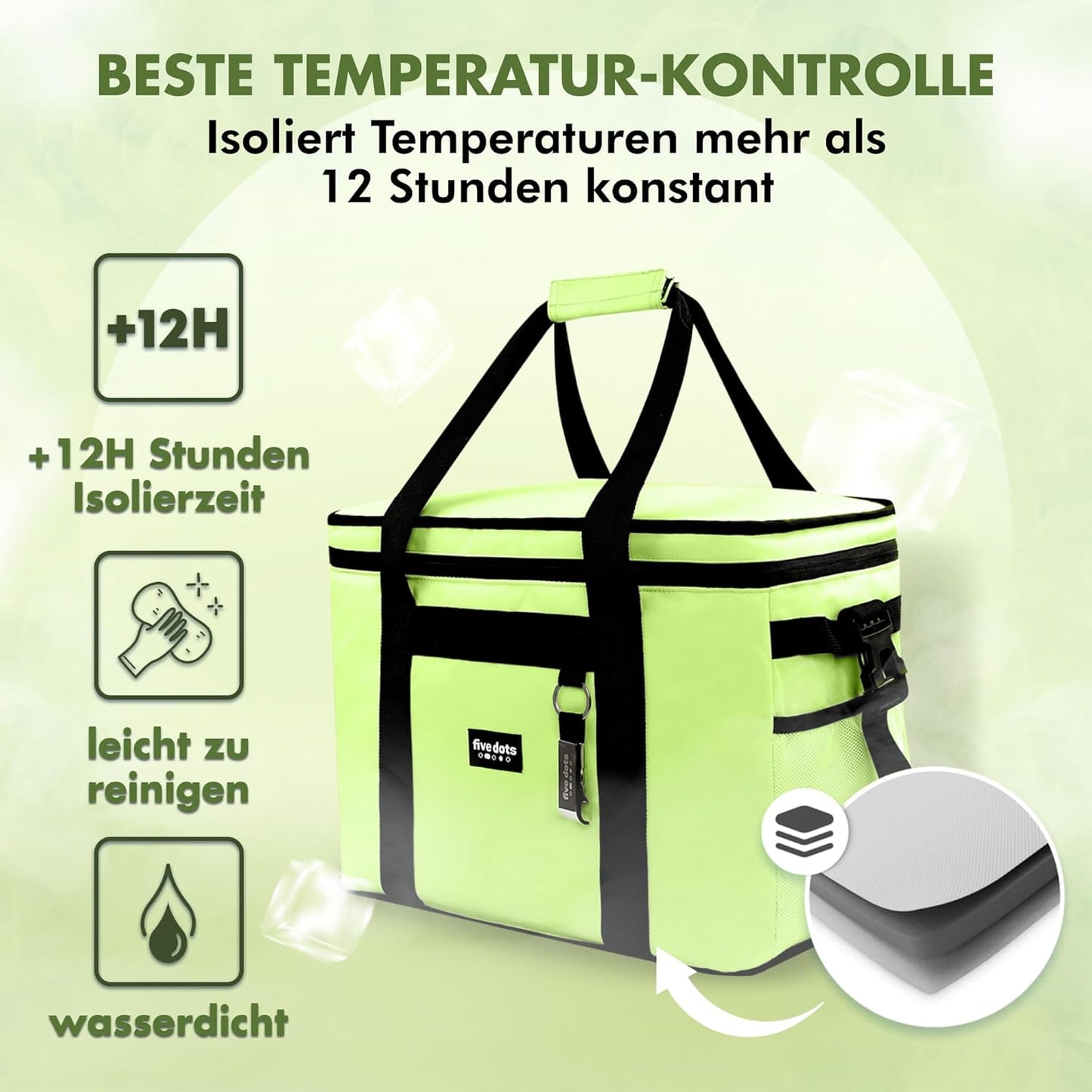 Sac isotherme Five Dots - Capacité 30L - Imperméable - 26 x 41 x 31 cm - Vert
