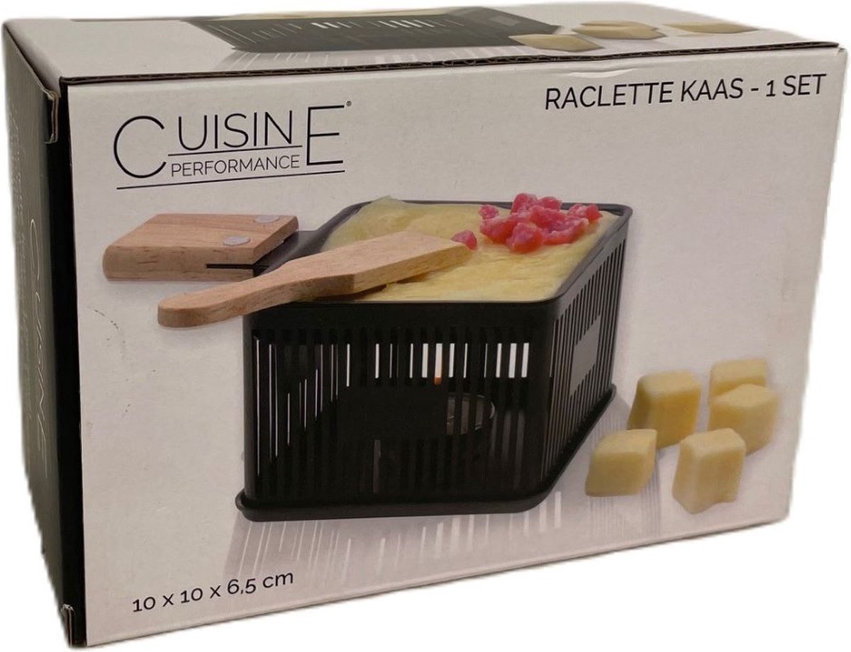 Appareil à Raclette & Fondue au fromage - Set compact pour 1 personne - 10×10×6.5 cm - Spatule en bois incluse - Noir