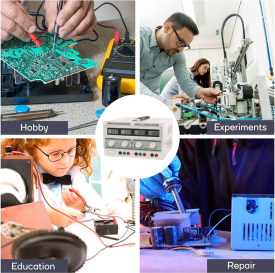 Velleman Alimentation de laboratoire, réglable, 2 x 0-30 VDC/0-3 A, + 5 VDC fixe/3 A, limitation de courant, protection contre les courts-circuits, 4 écrans LCD, gris