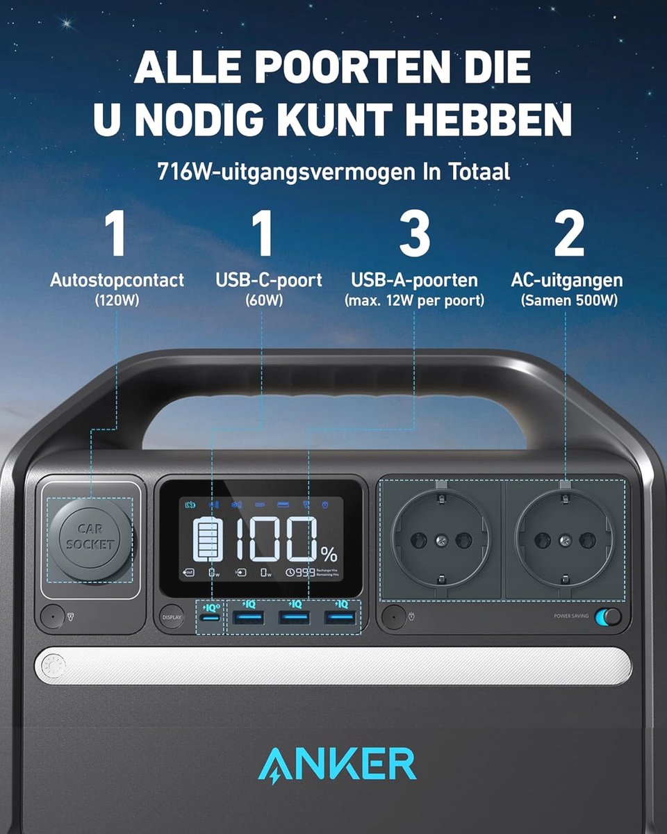 Centrale électrique portable 512Wh - Générateur solaire 500W avec USB-C et 7 sorties - Idéal pour le camping, l'extérieur et les situations d'urgence