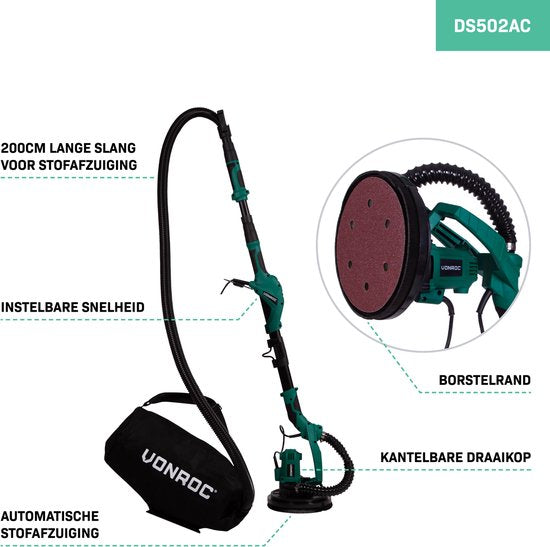 VONROC Ponceuse de plafond télescopique - 1050W - Ø225MM - Idéale pour les plafonds et les murs