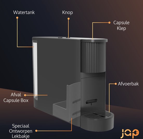 JAP Appliances Capsura - Machine à café à tasses - Volume de tasse réglable 30 - 200 ml - Machine à café à tasses - Machine à café - Cafetière