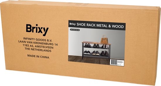 Brixy Shoe Rack - Industriel - Bois - Métal - 64x30x52cm - Vintage - Meuble à chaussures - Marron/Noir